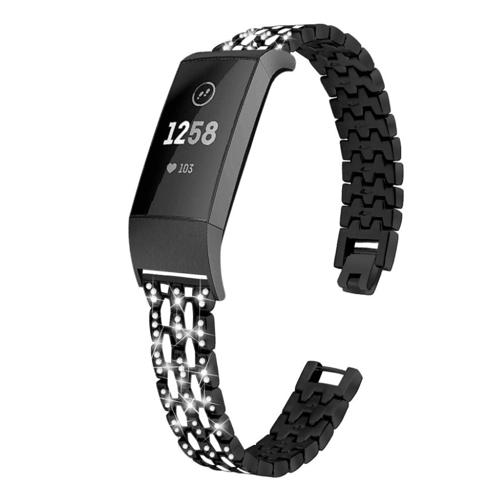 Super hårdfør Fitbit Charge 3 Metal og Rhinsten Rem - Sort#serie_1