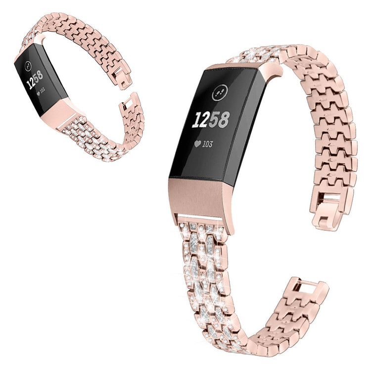 Super hårdfør Fitbit Charge 3 Metal og Rhinsten Rem - Pink#serie_2