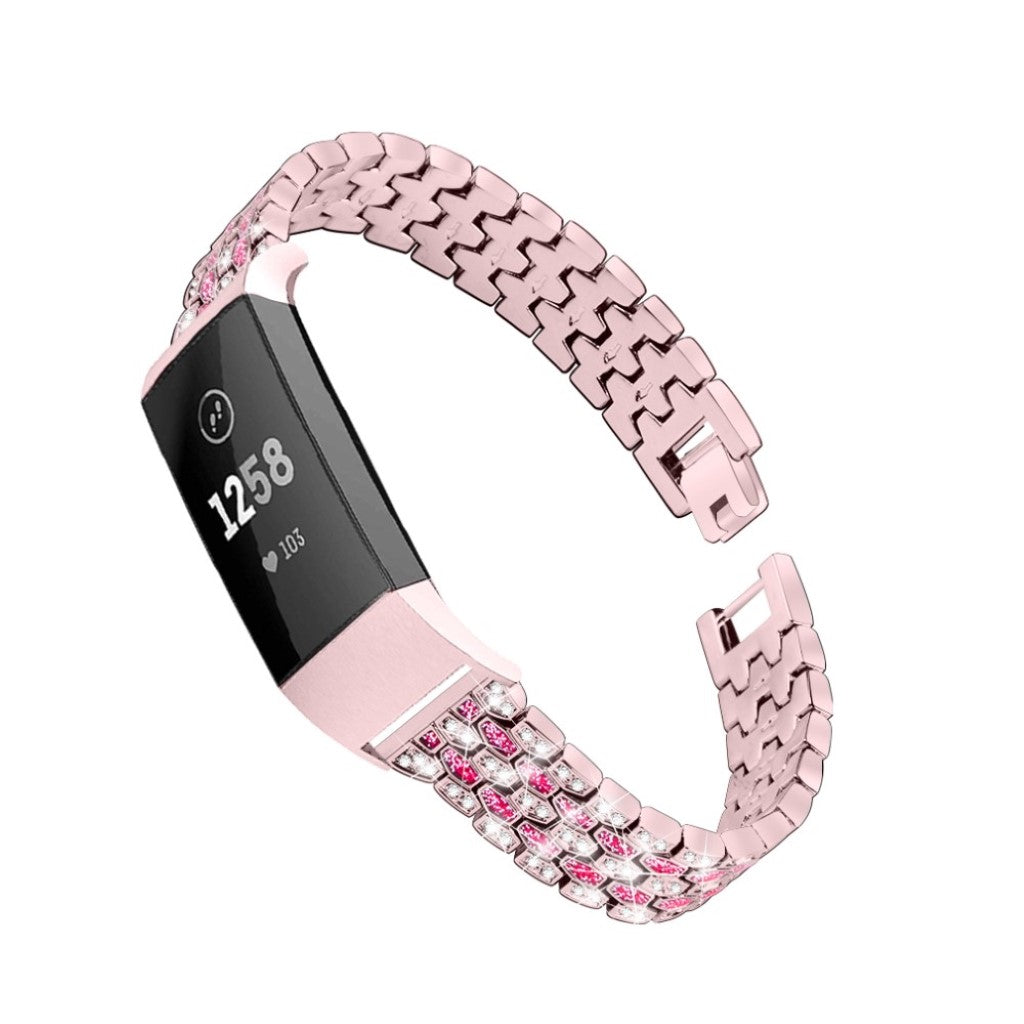 Super hårdfør Fitbit Charge 3 Metal og Rhinsten Rem - Pink#serie_3