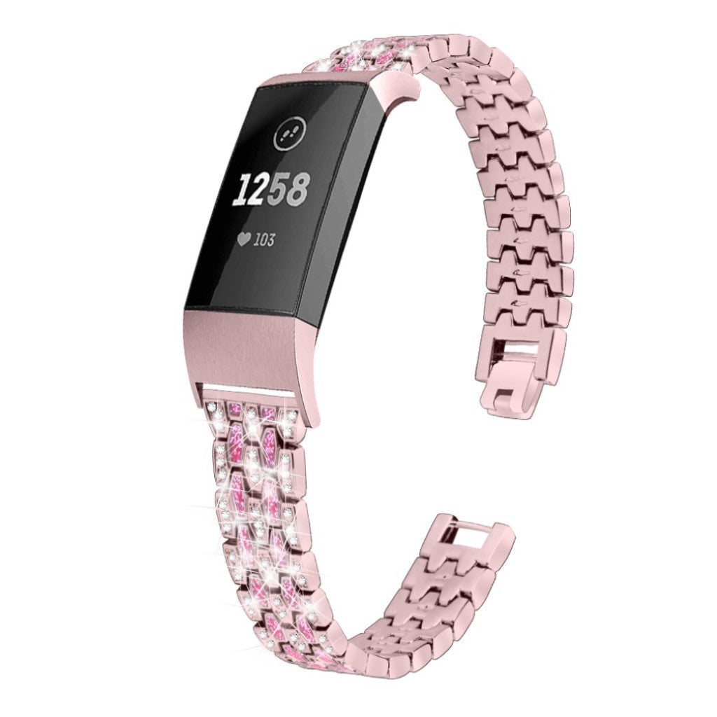 Super hårdfør Fitbit Charge 3 Metal og Rhinsten Rem - Pink#serie_3