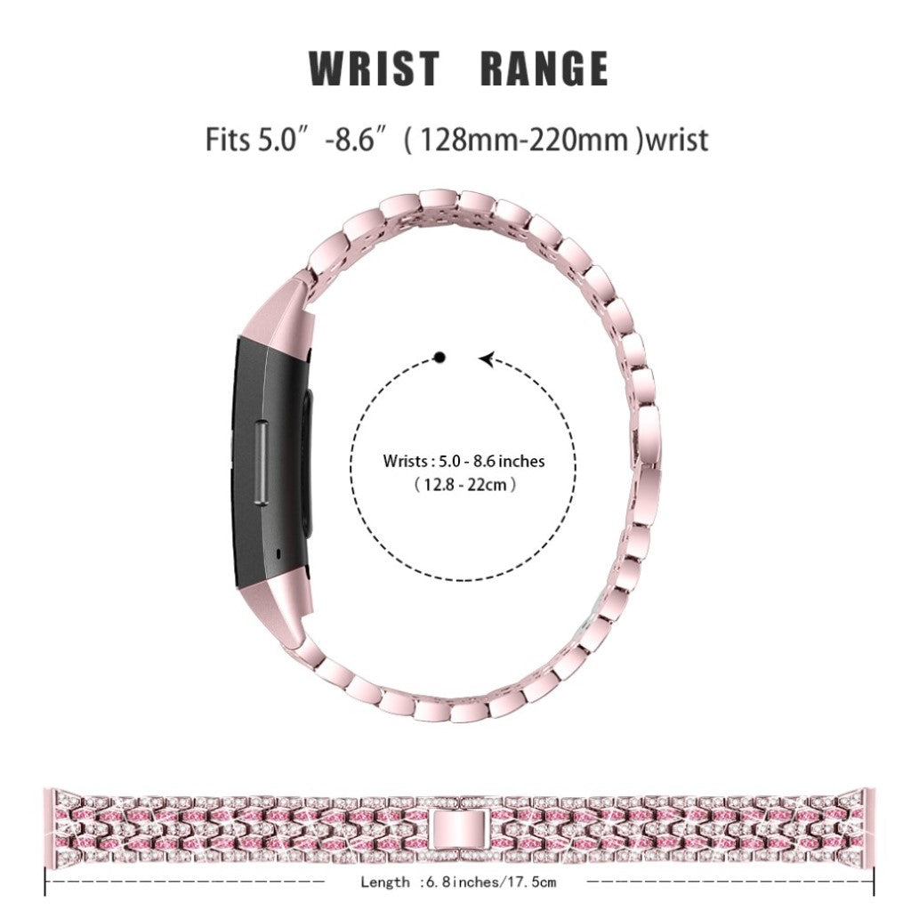 Super hårdfør Fitbit Charge 3 Metal og Rhinsten Rem - Pink#serie_3