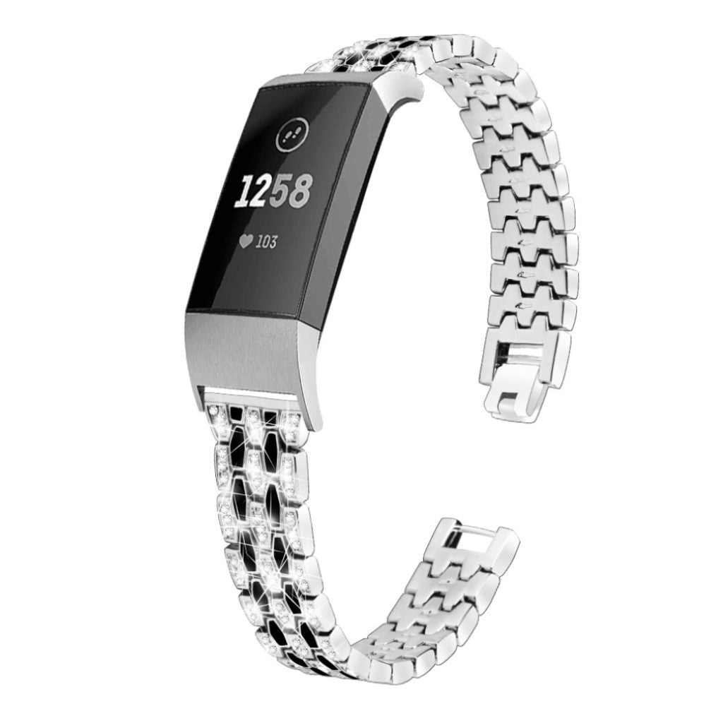 Super hårdfør Fitbit Charge 3 Metal og Rhinsten Rem - Sølv#serie_4