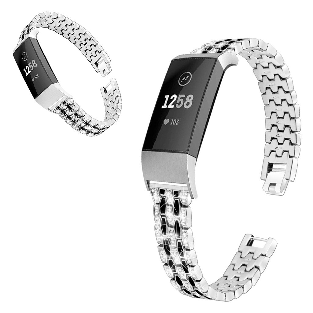 Super hårdfør Fitbit Charge 3 Metal og Rhinsten Rem - Sølv#serie_4