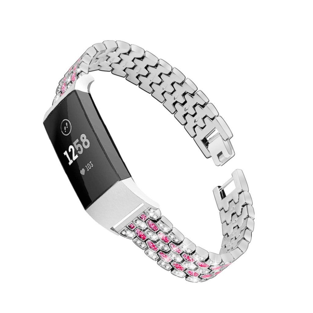 Super hårdfør Fitbit Charge 3 Metal og Rhinsten Rem - Sølv#serie_5