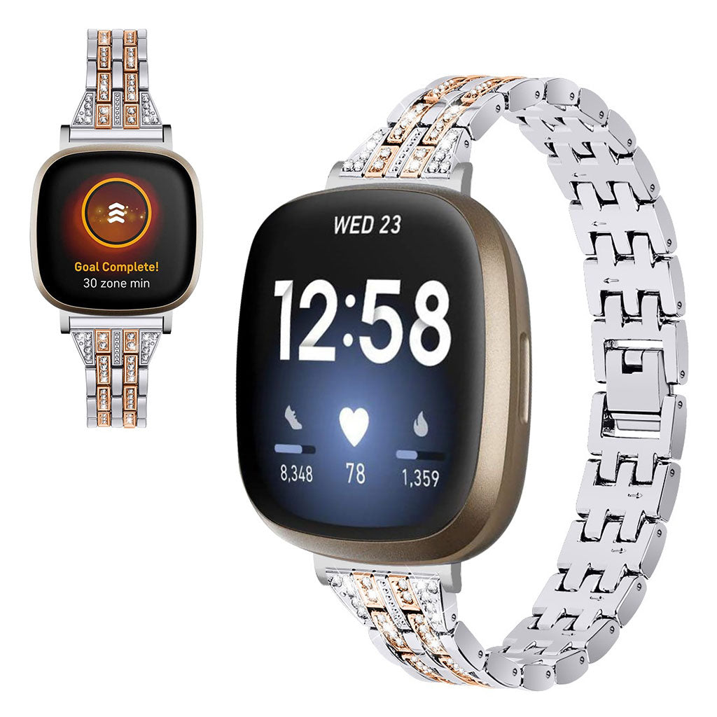 Kønt Fitbit Versa 3 / Fitbit Sense Metal og Rhinsten Rem - Sølv#serie_4